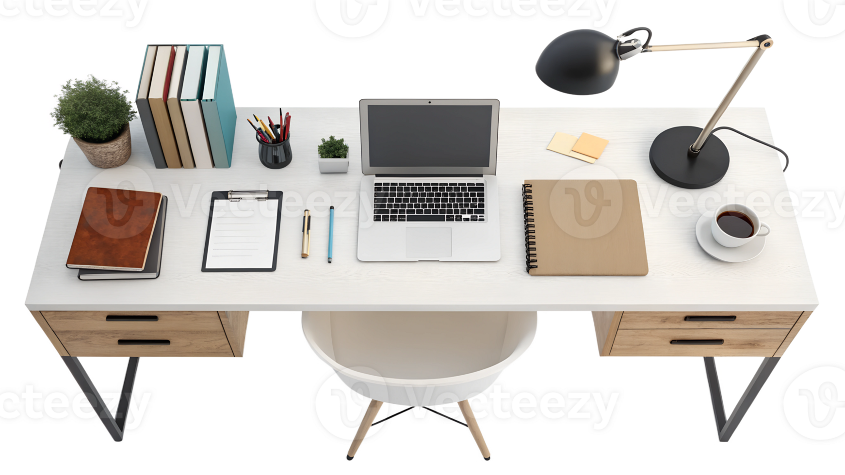 Modern workspace design with tech and stationery png