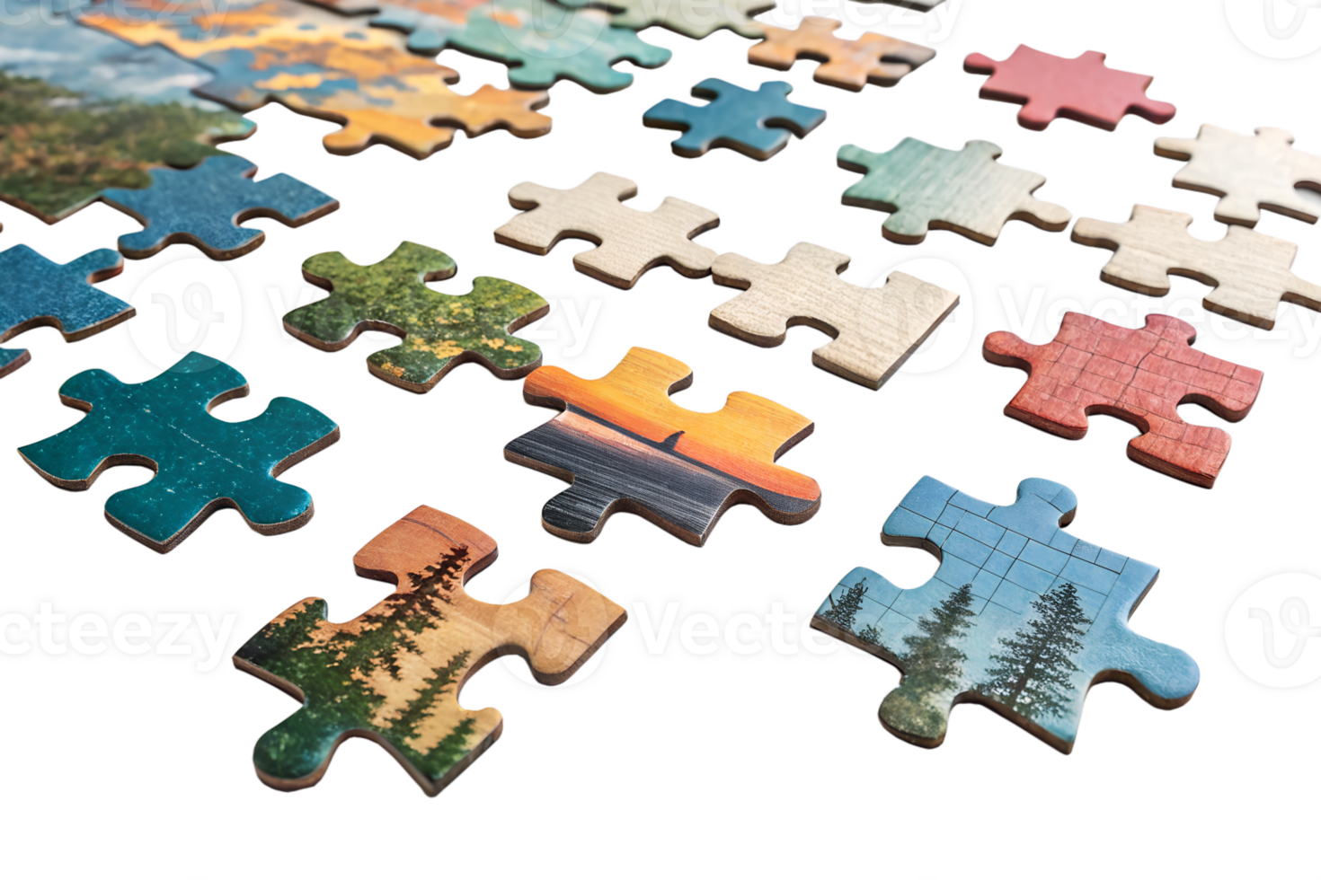 Puzzle pieces showing scenic landscapes and colors png