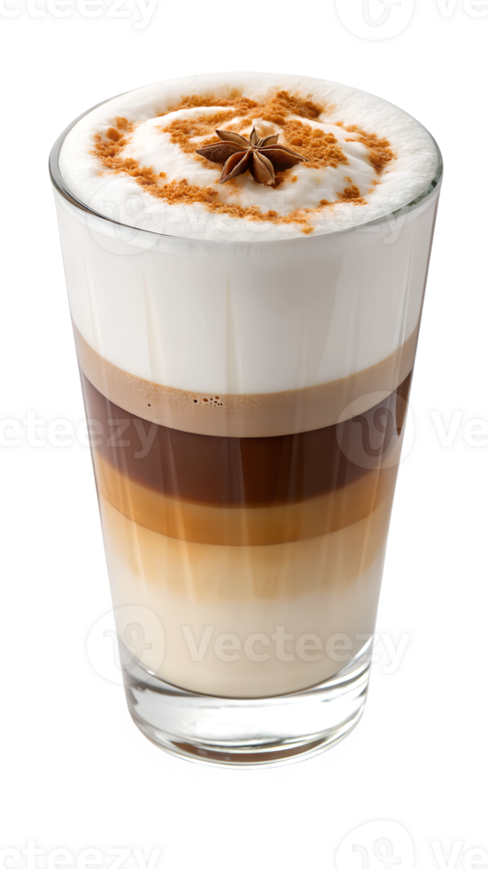 Rich layered coffee beverage with spices and milk png