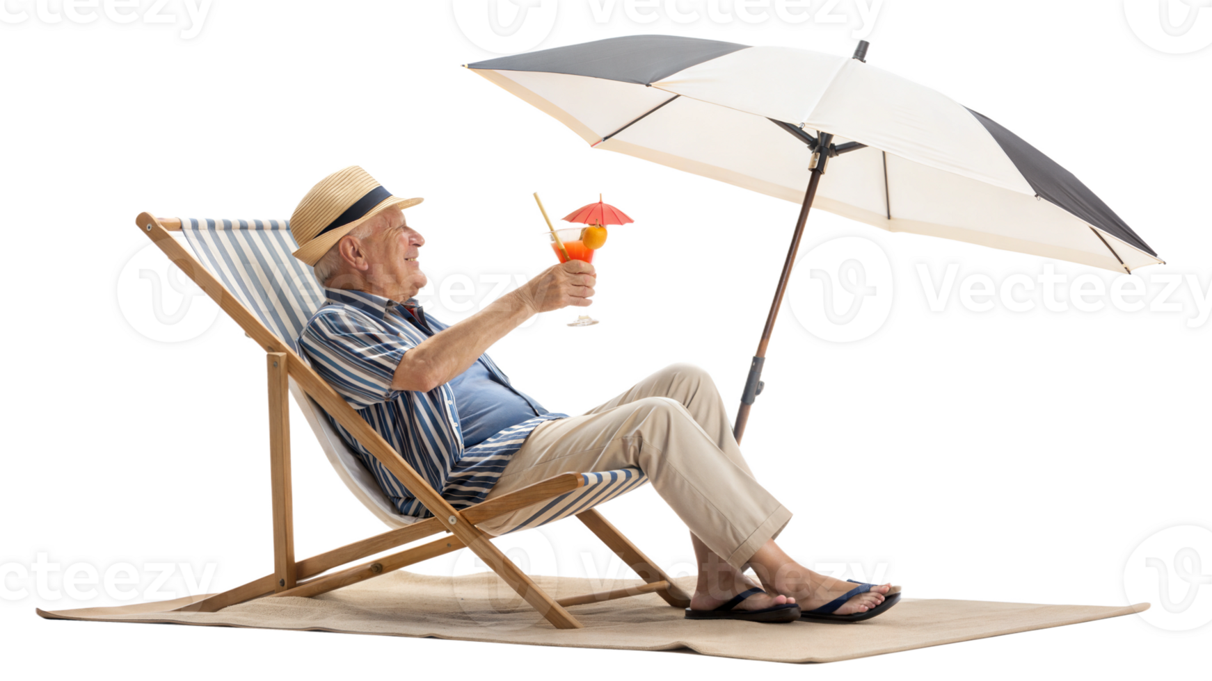 Relaxing elderly man enjoys a drink on the beach png