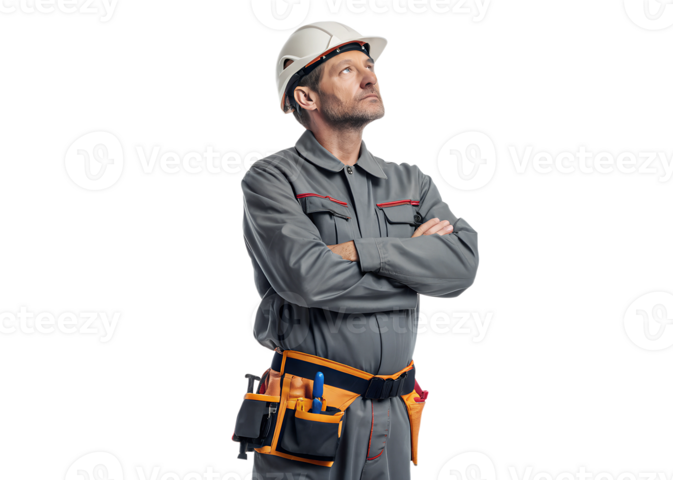 Worker in safety gear looks upward thoughtfully png