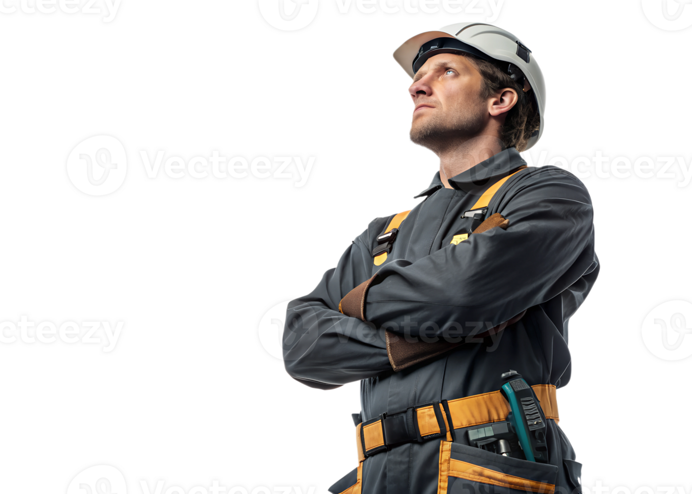 Confident worker in helmet looks up png
