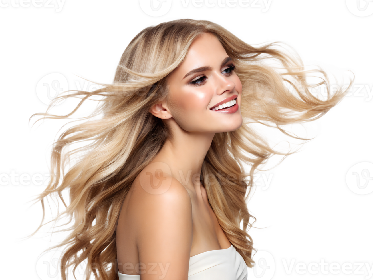 Blonde model with flowing hair in studio setting png