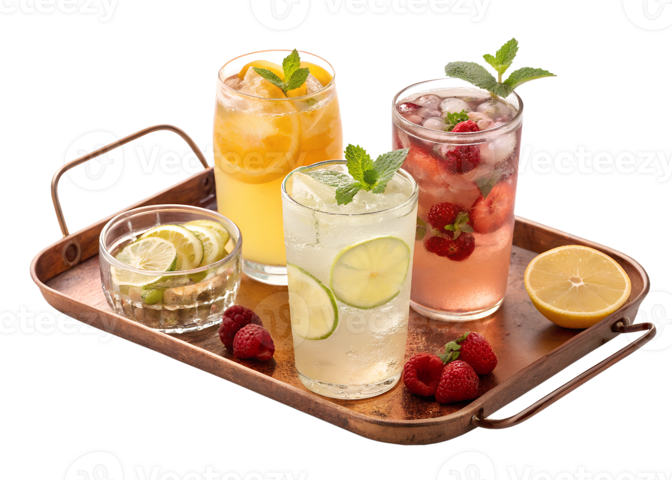 Refreshing summer drinks on a serving tray png