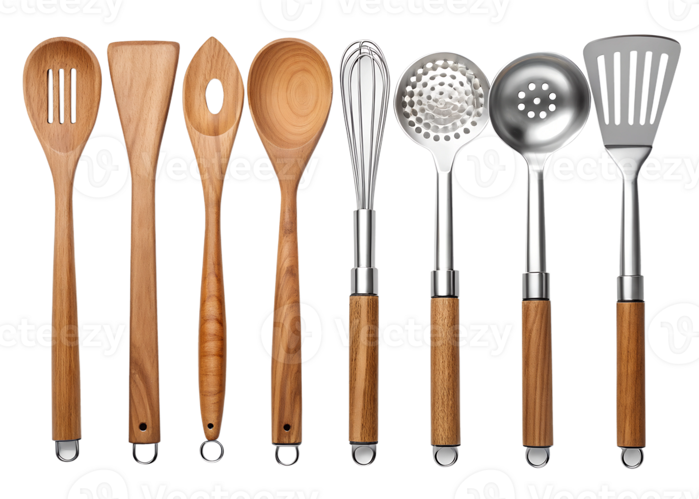 Wooden and metal kitchen utensils arranged neatly png