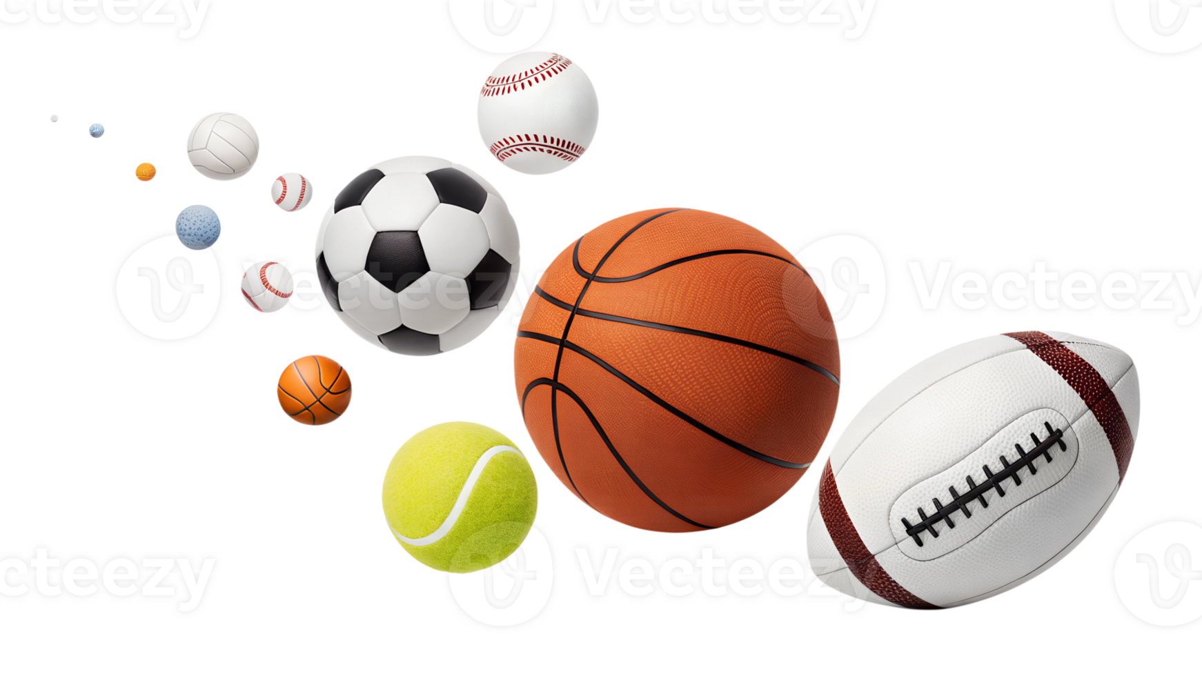 Variety of sports balls in dynamic arrangement png