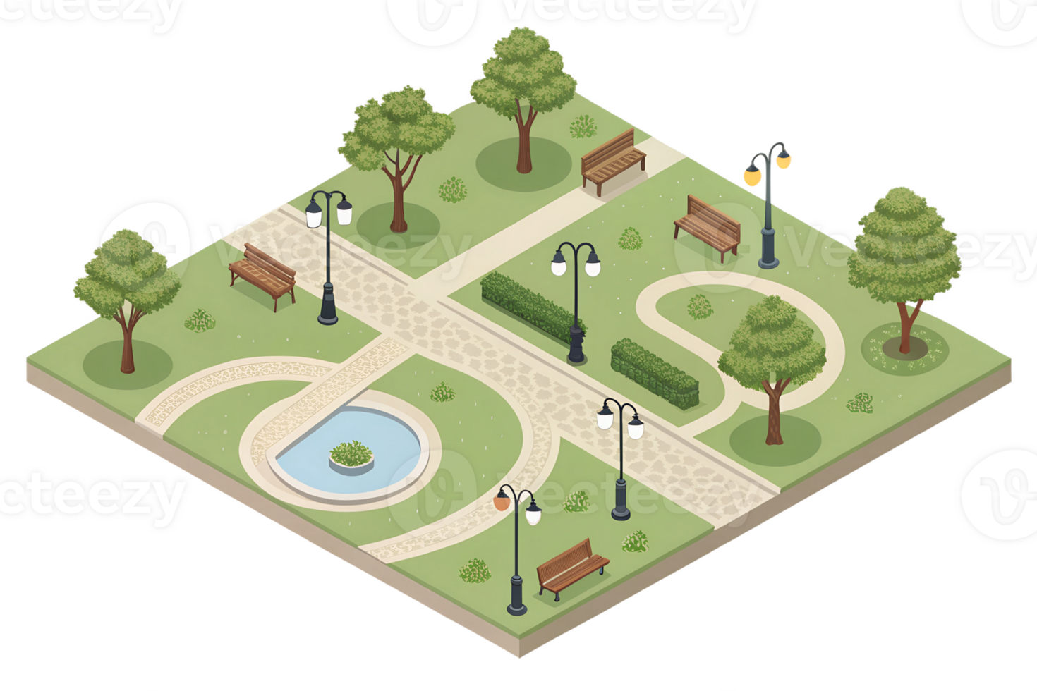 Serene park layout with paths and benches png