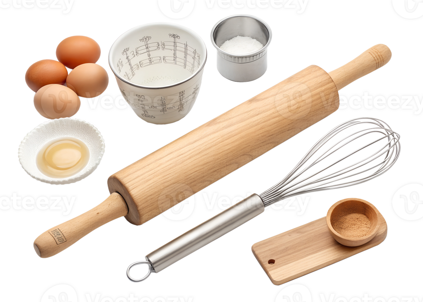 Baking tools and ingredients arranged on a table png
