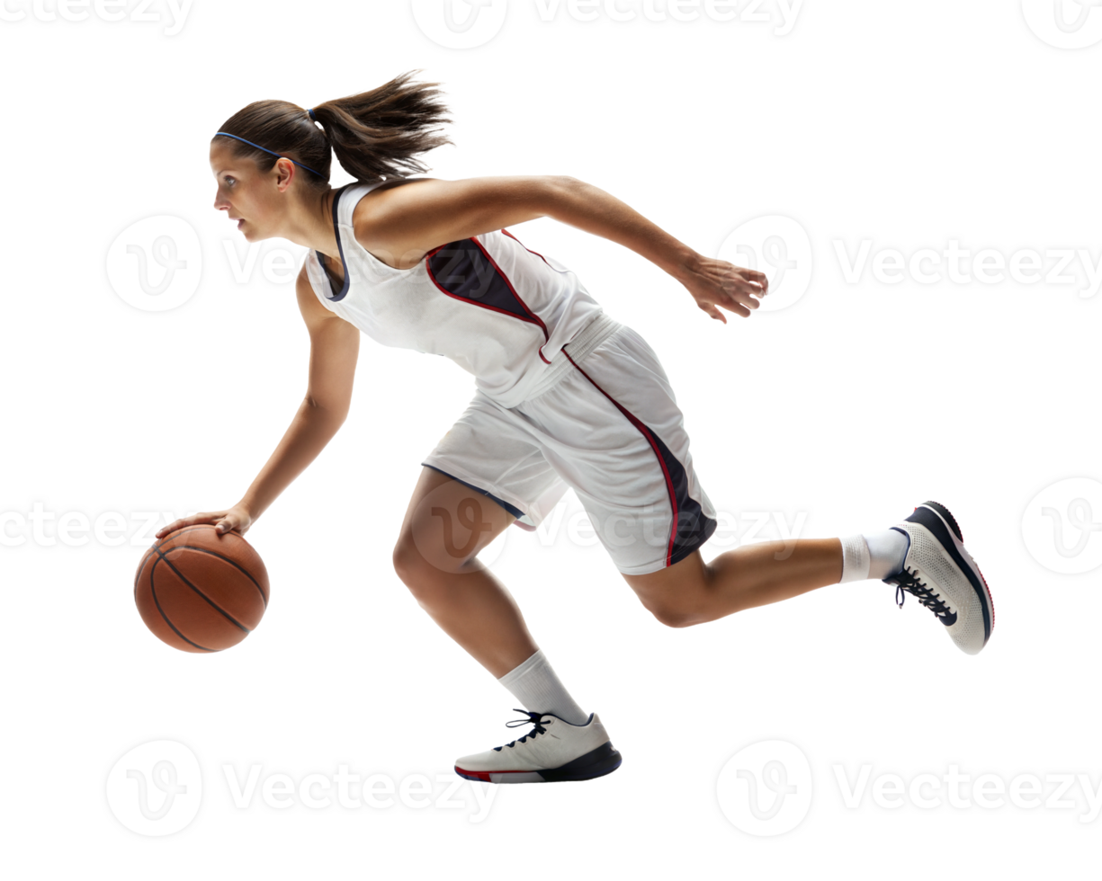 Female basketball player dribbling during a game png