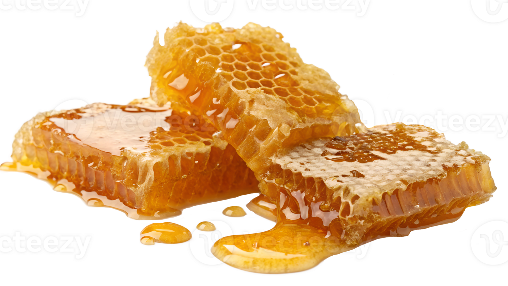 Fresh honeycomb pieces with golden honey dripping png