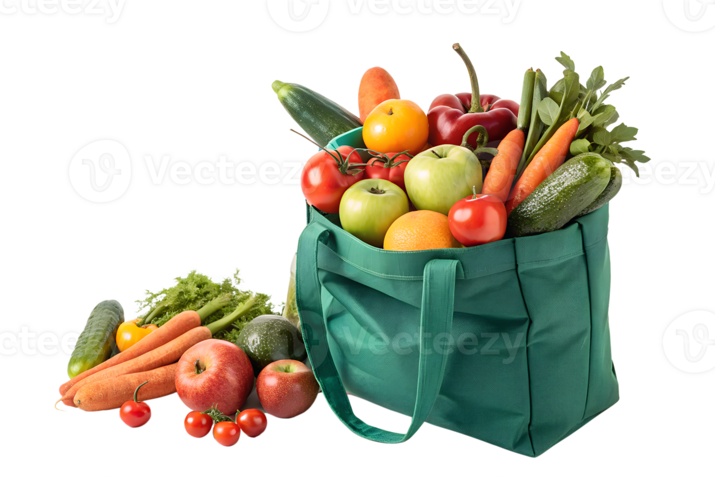 Healthy vegetables and fruits in a green tote bag png