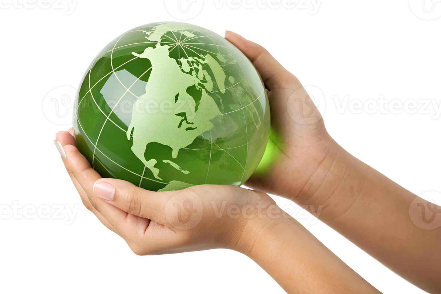 Hands cradle a green globe representing Earth png