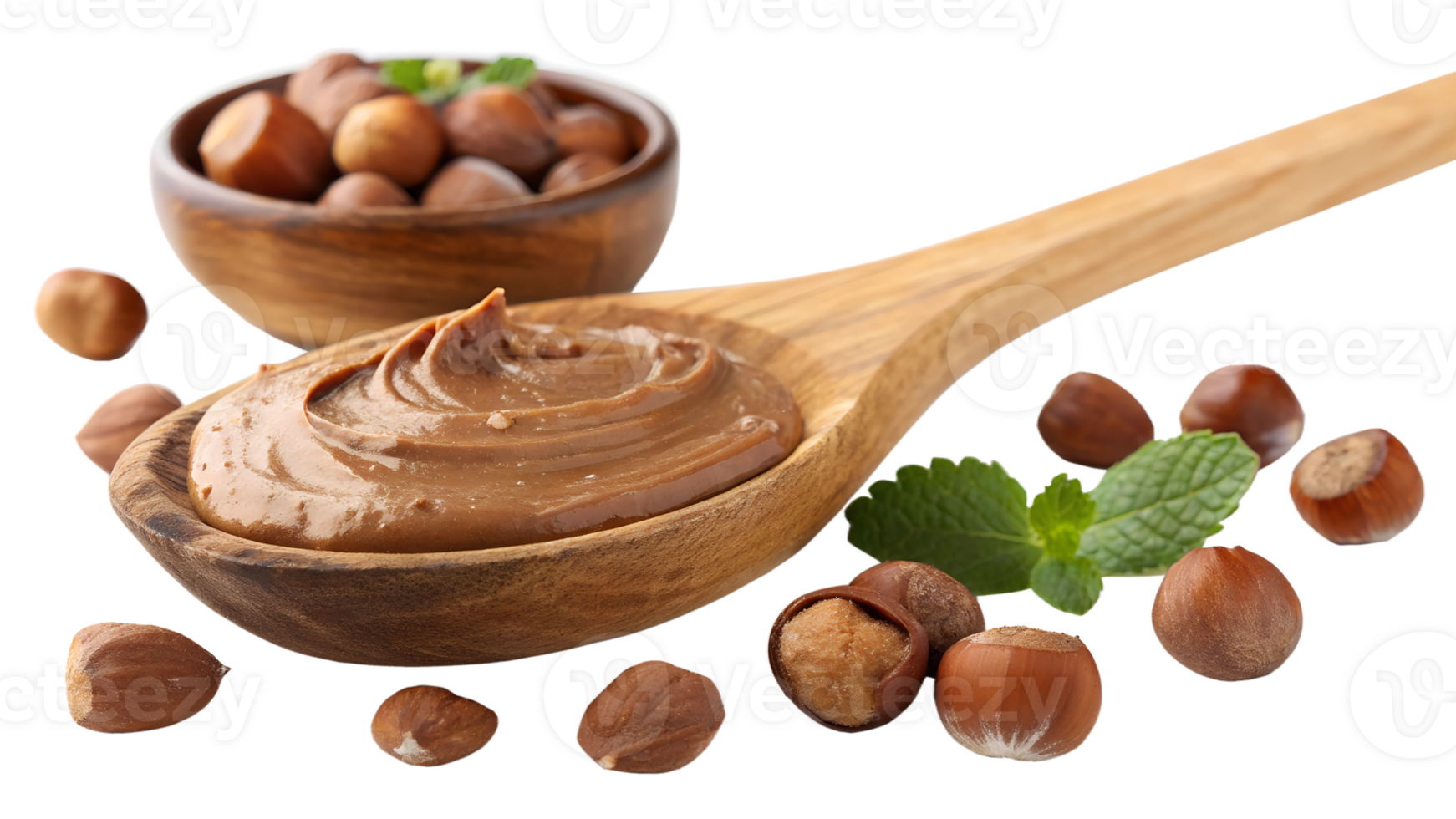 Creamy hazelnut spread on wooden spoon with nuts png