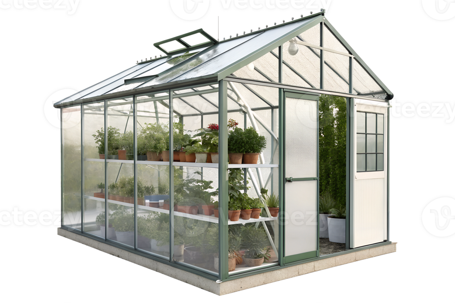 Modern greenhouse with diverse plants and pots png