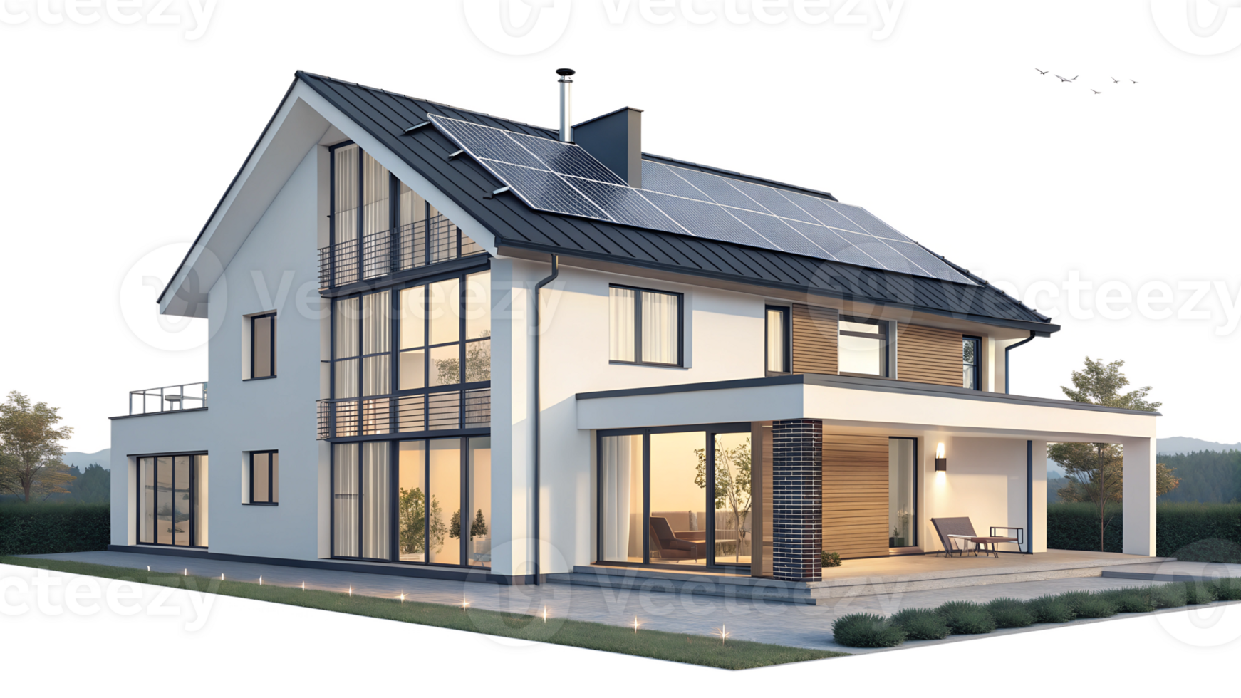 Modern house with solar panels and spacious design png