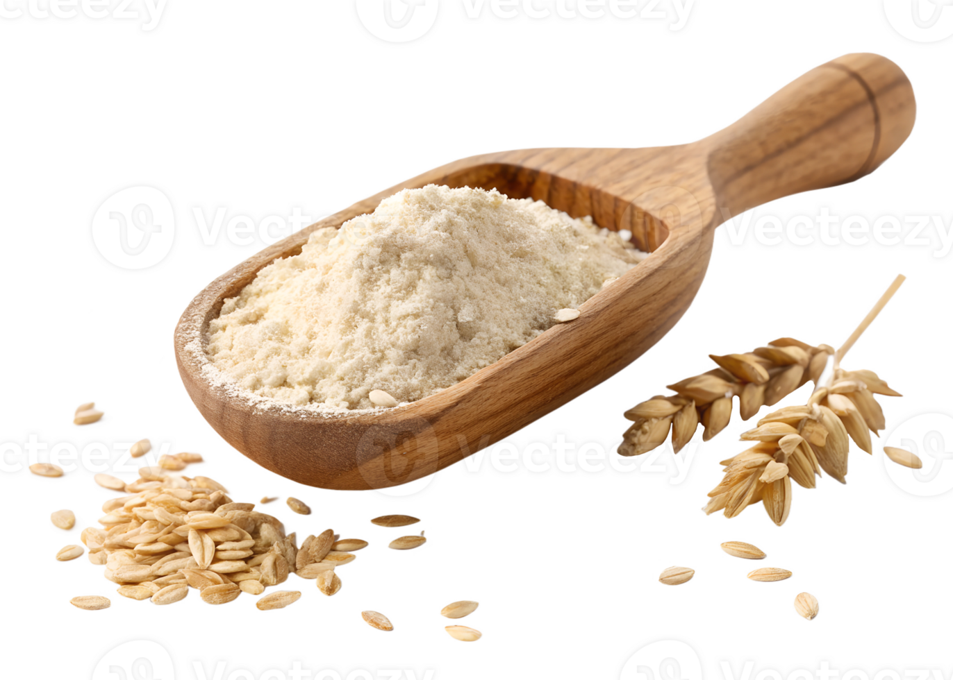 Oat flour in wooden scoop with oat grains nearby png