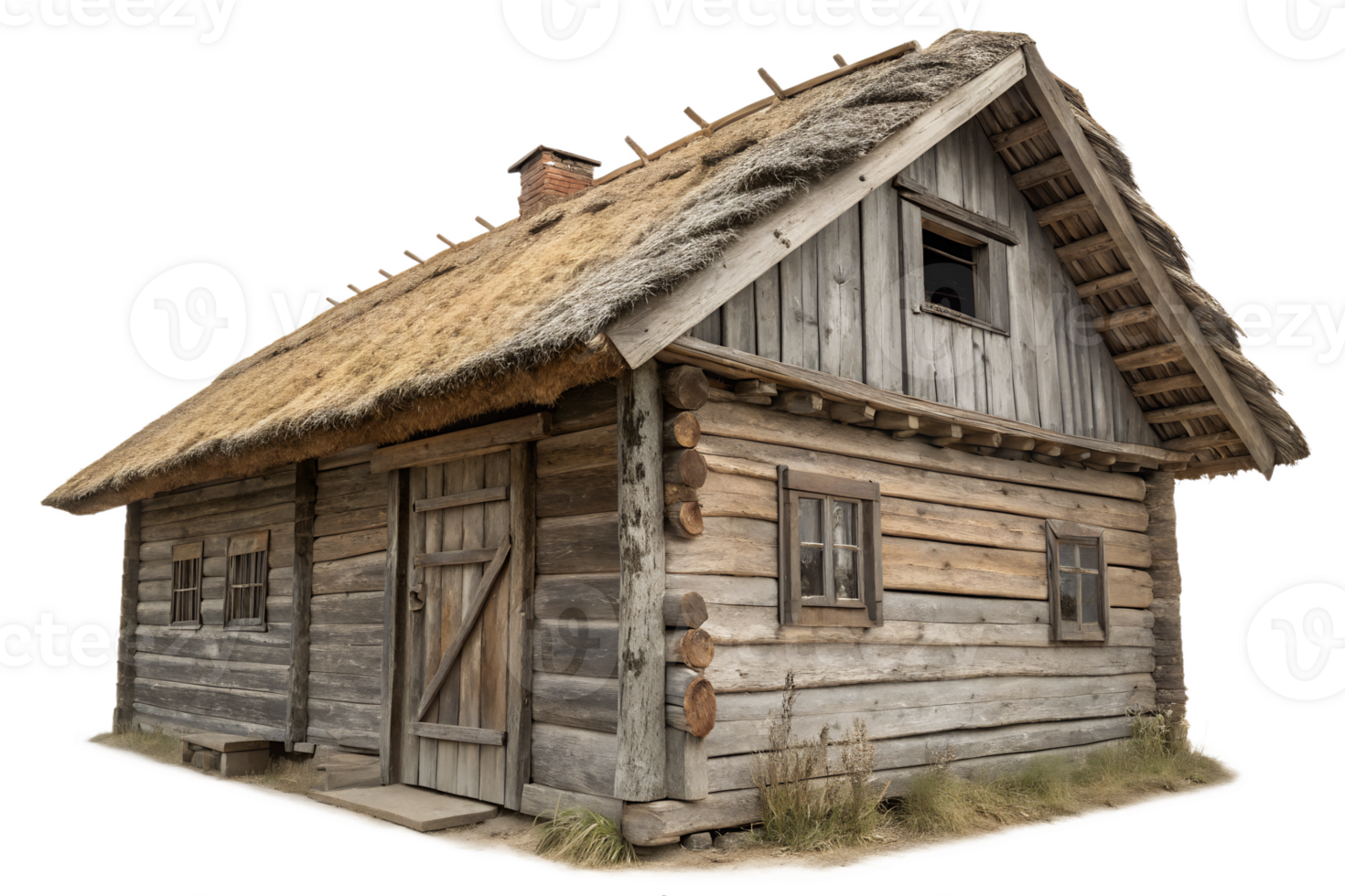 Rustic wooden house with thatched roof in daylight png