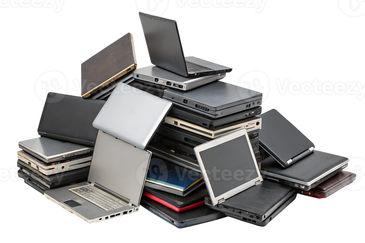 Pile of assorted laptops in various conditions png