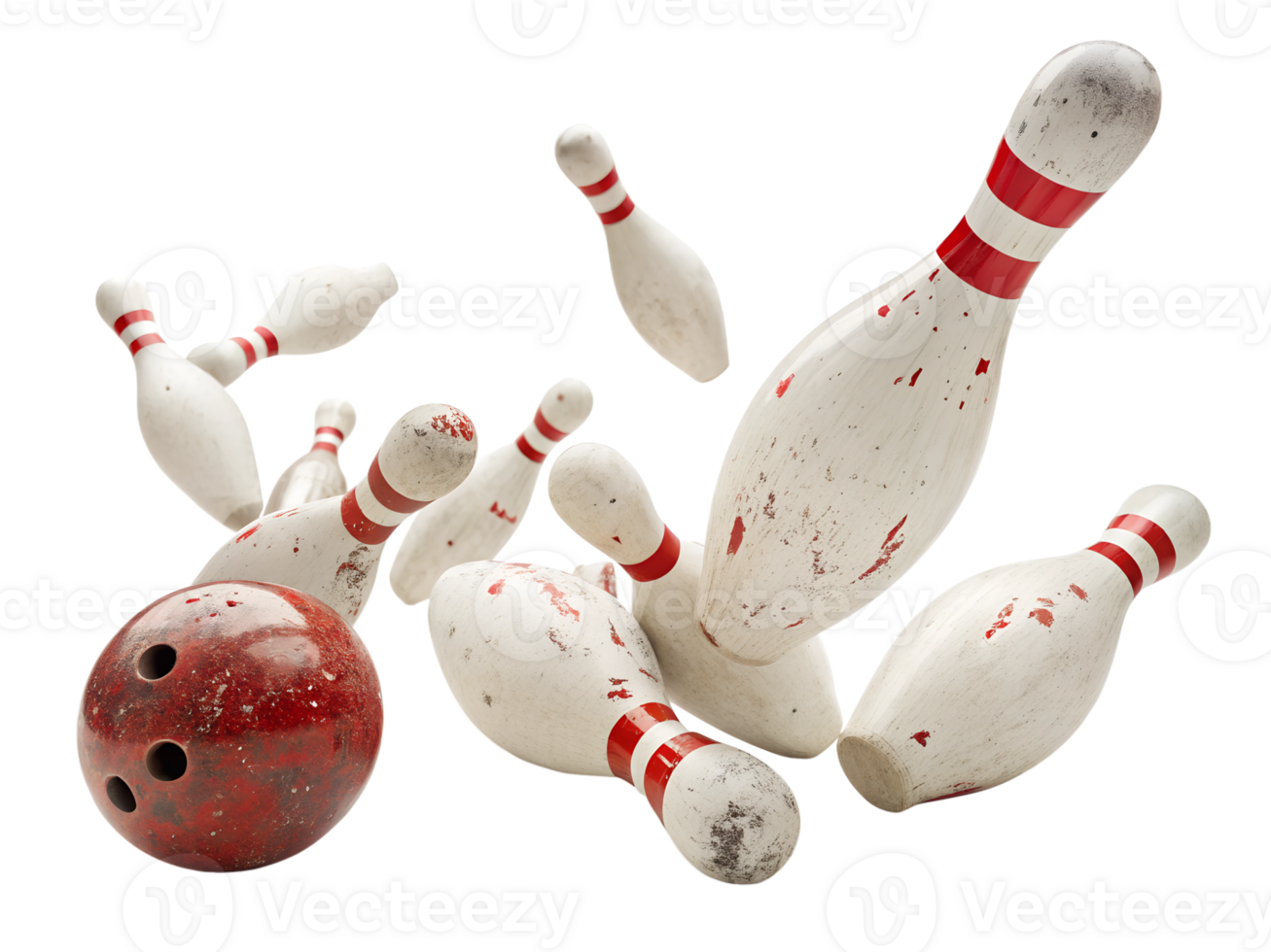 Bowling pins topple as the ball rolls down lane png