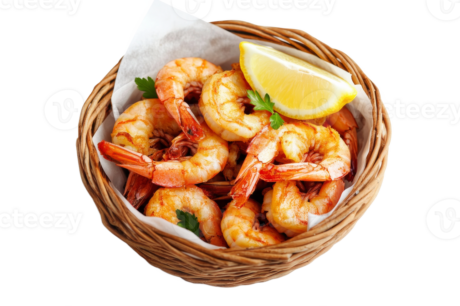Delicious shrimp served in a basket with lemon png