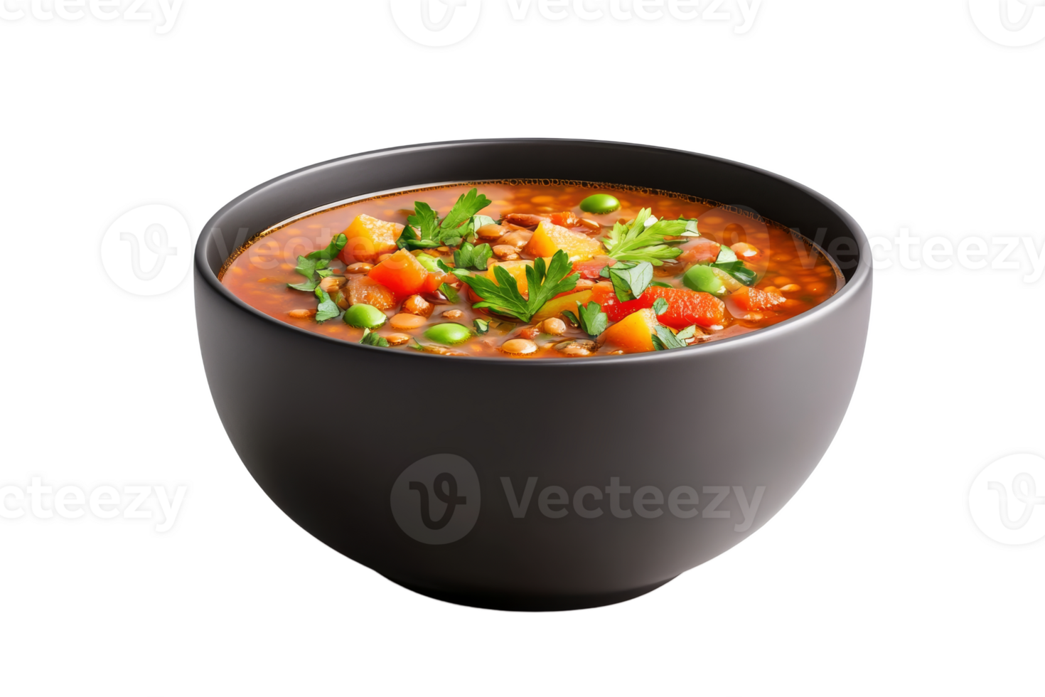Lentil soup served in a black bowl with garnish png