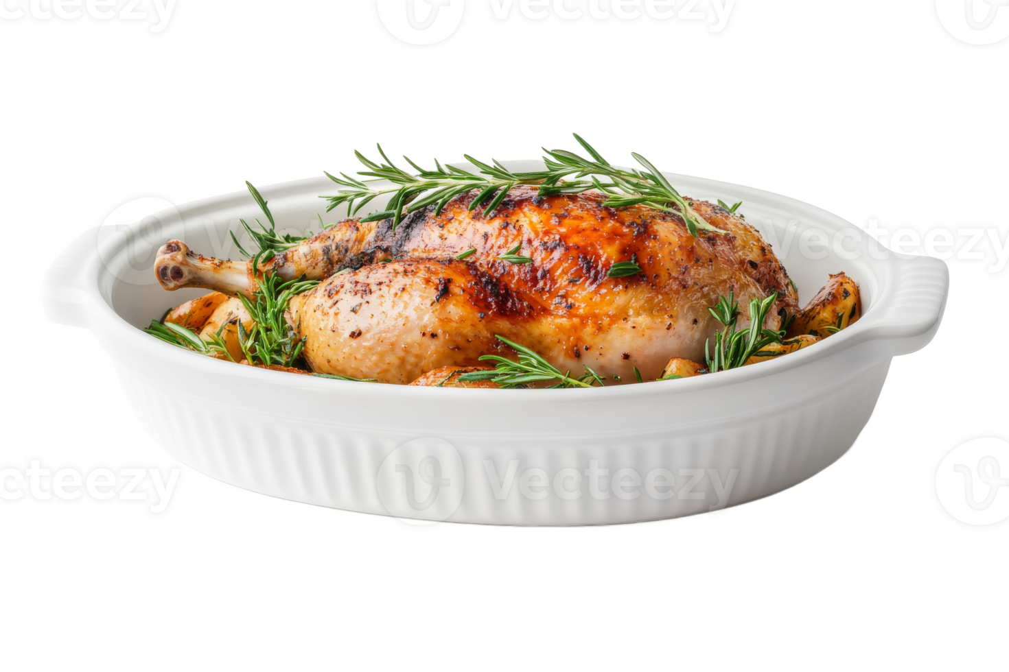 Roasted chicken with herbs in a dish png