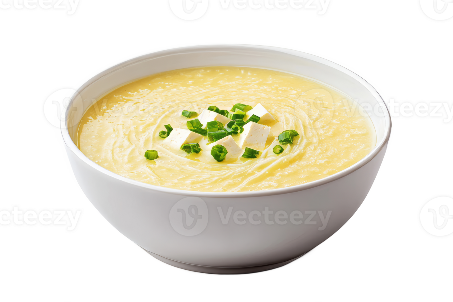 Creamy soup with green onions and tofu topping png