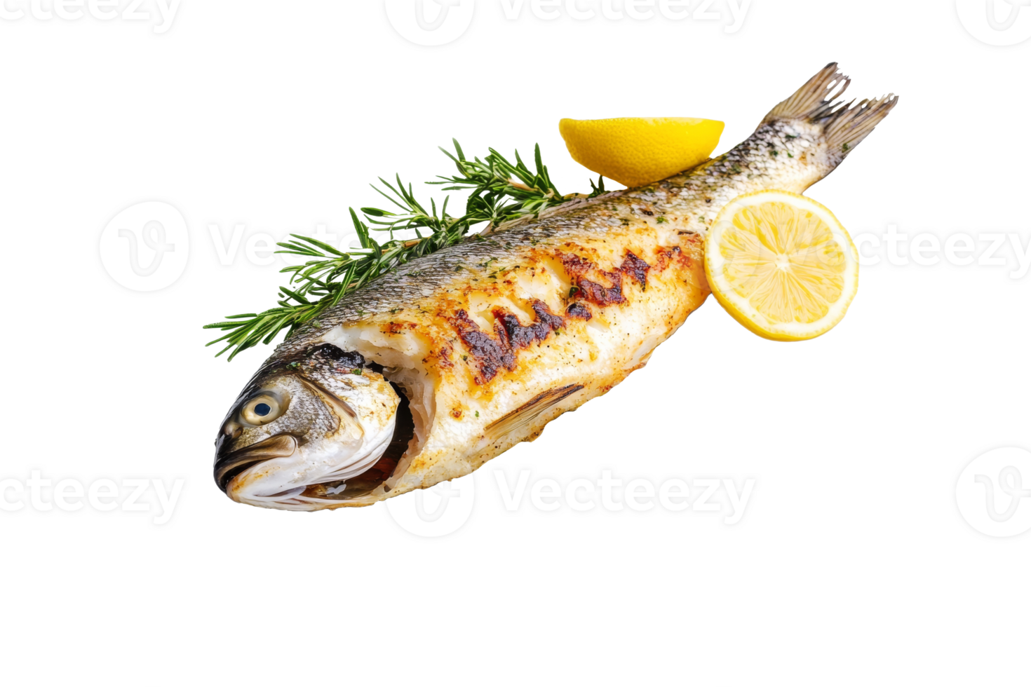 Grilled fish garnished with lemon and herbs png
