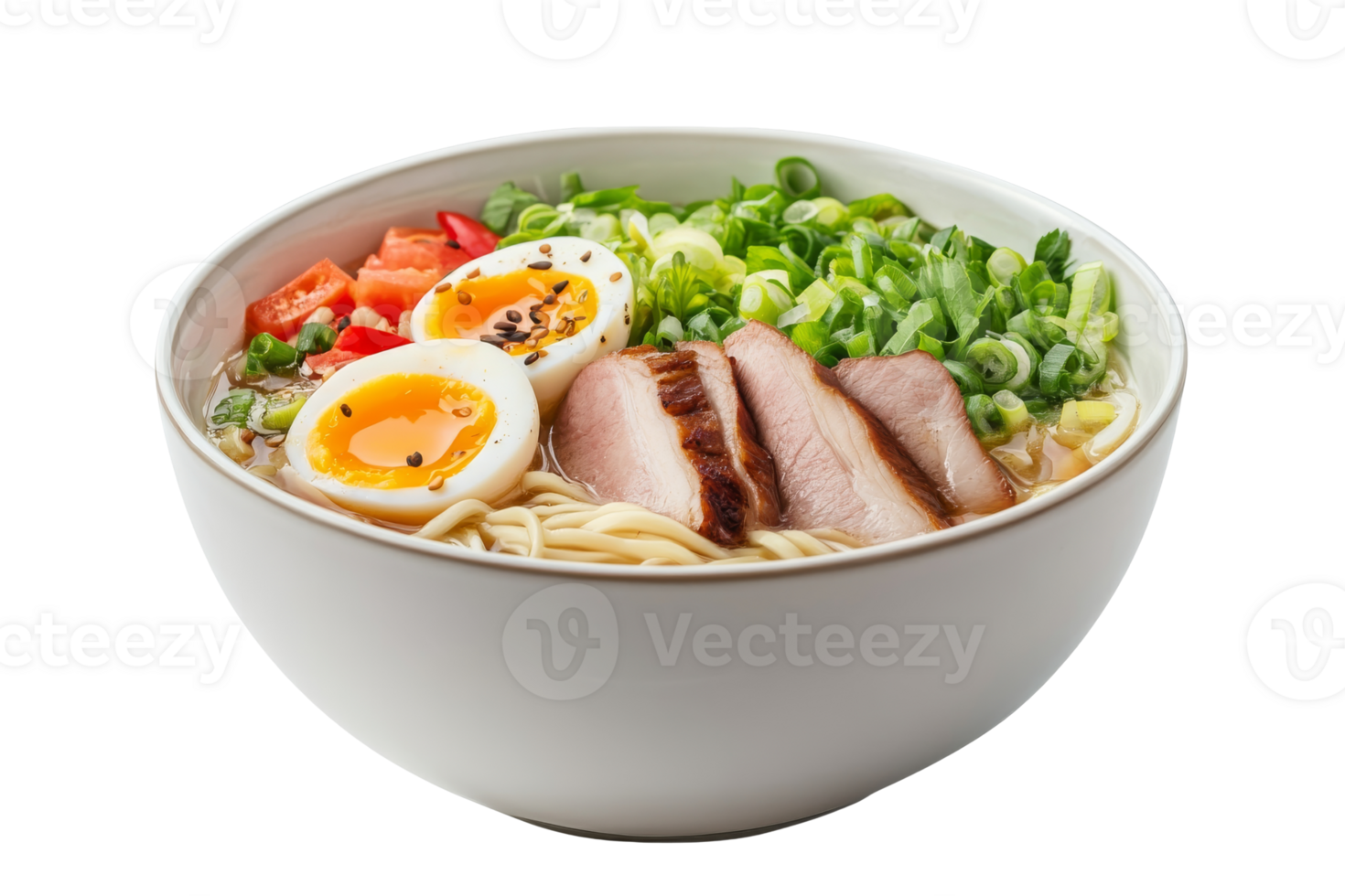 Delicious ramen bowl with fresh toppings and eggs png