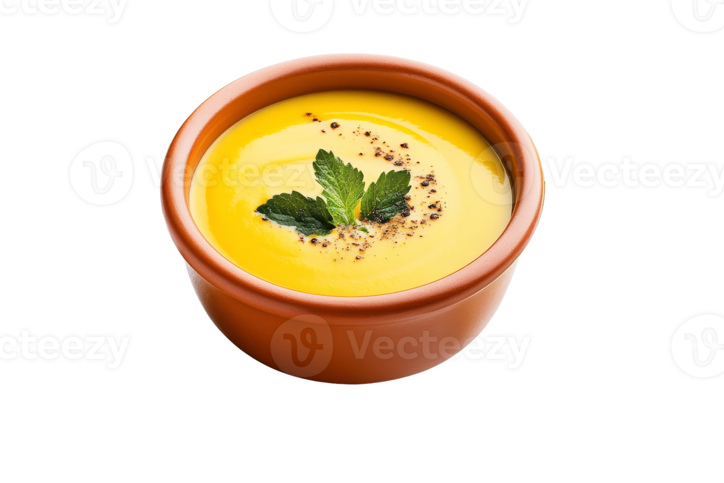 Colorful creamy soup with mint garnish in a bowl png