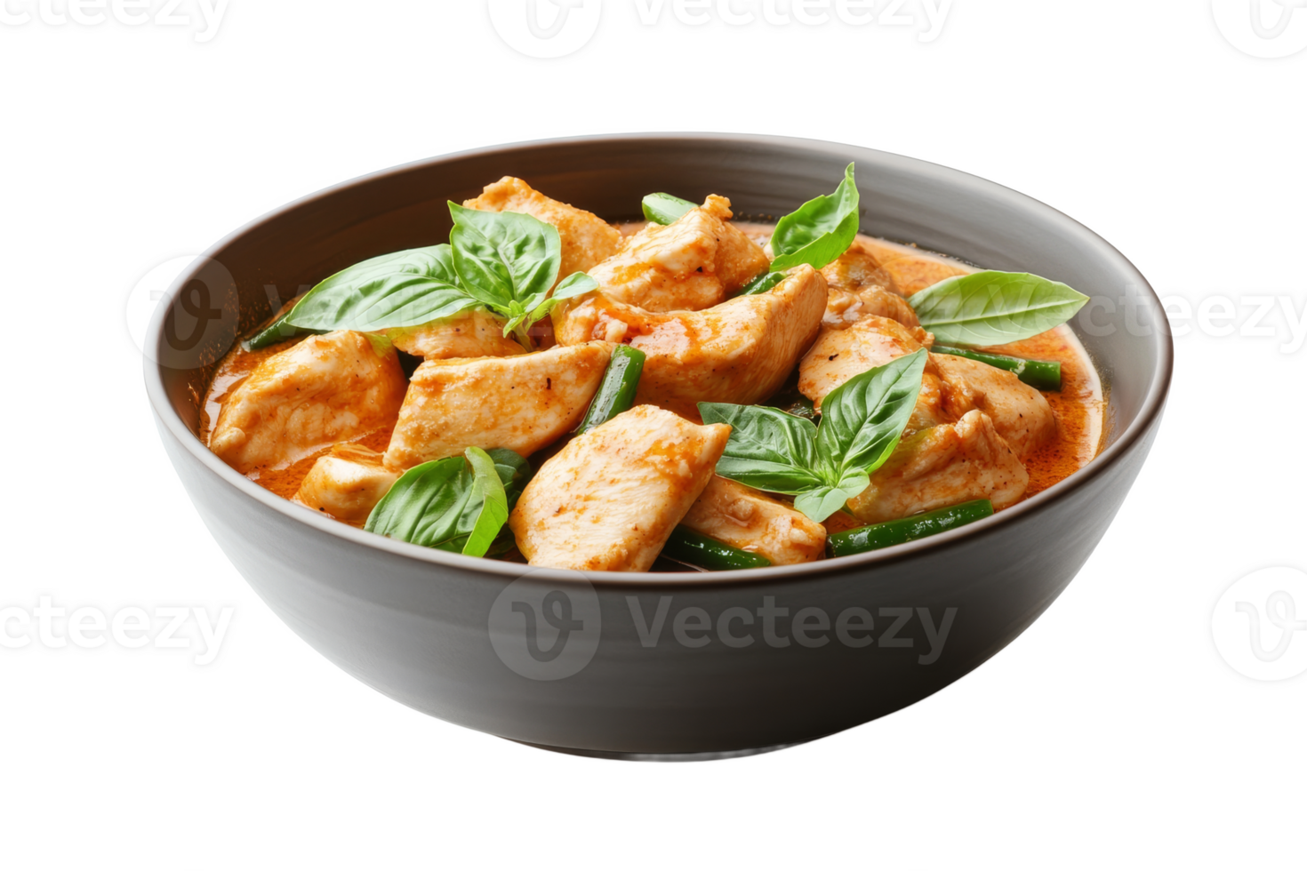 Delicious chicken curry with basil in a bowl png