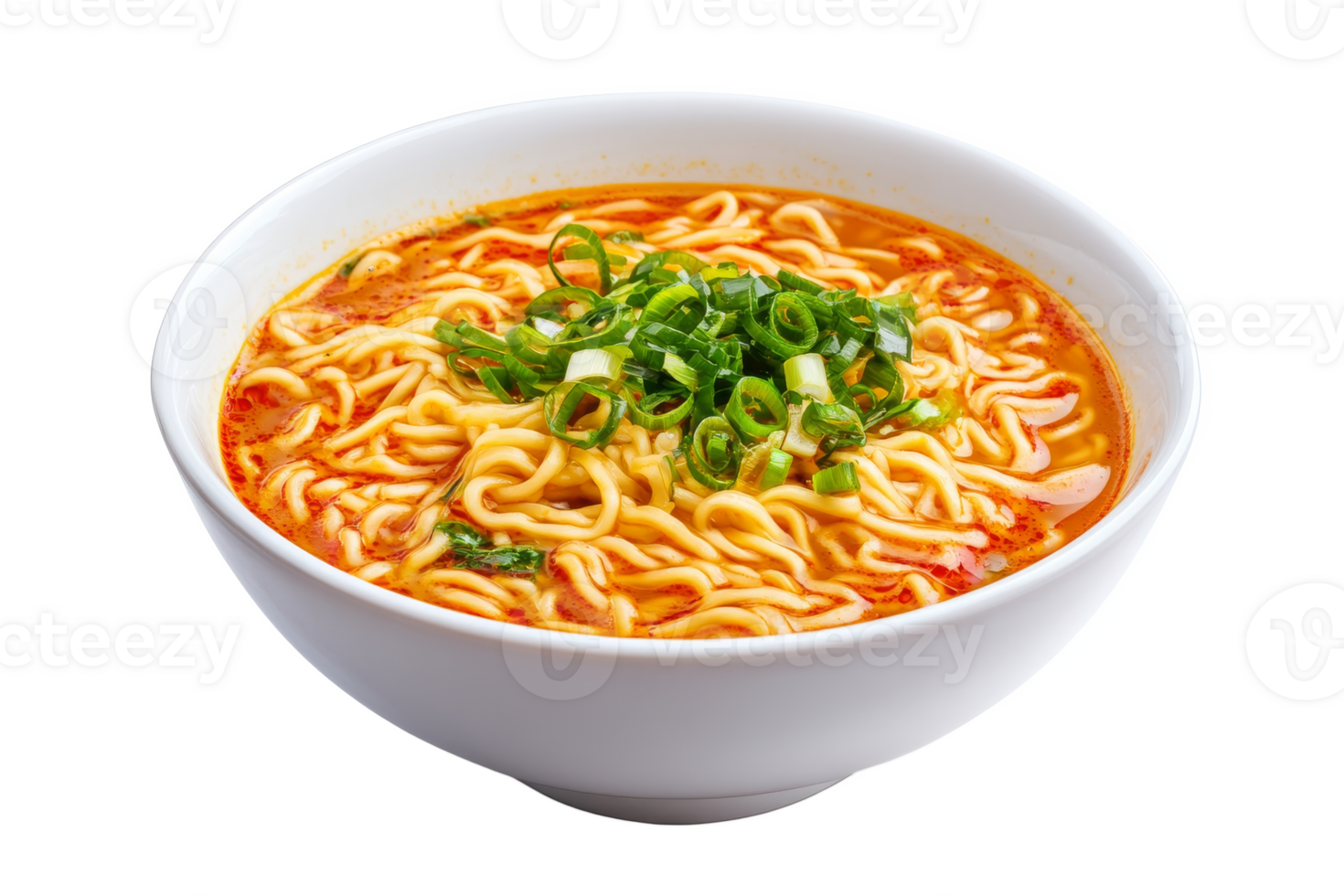 Hot bowl of spicy noodle soup with green onions png