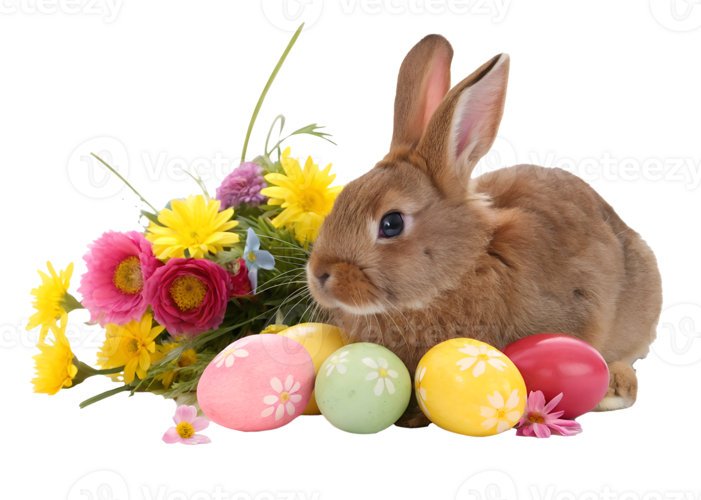 Brown rabbit with colorful Easter eggs and flowers png