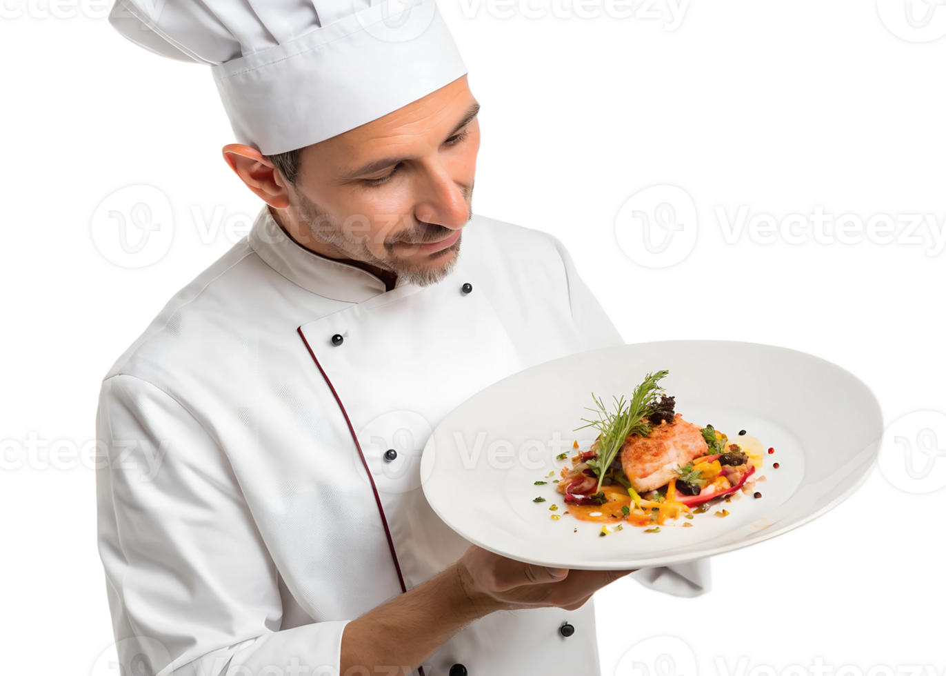 Chef presents exquisite dish in bright setting png