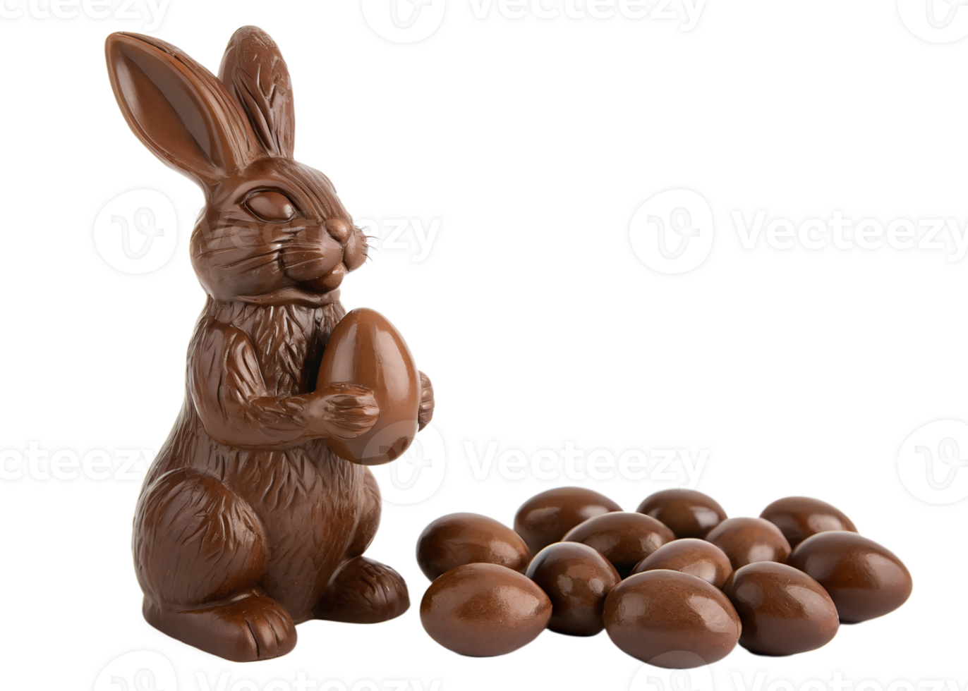 Chocolate bunny holding egg with mini eggs nearby png