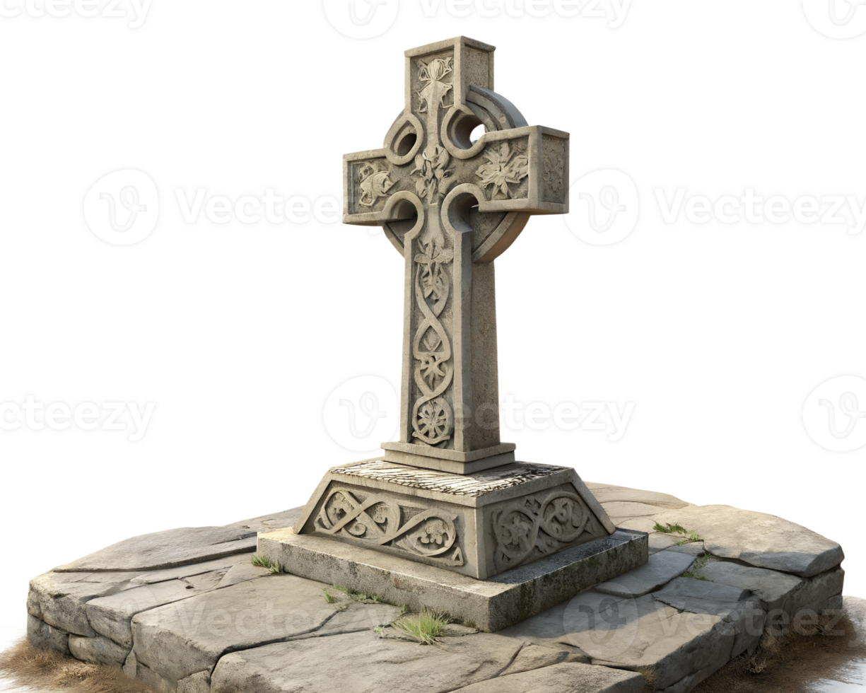Detailed stone Celtic cross on a rocky base png
