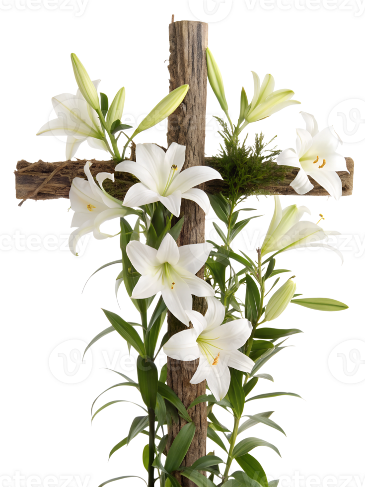 Cross adorned with white lilies in springtime png