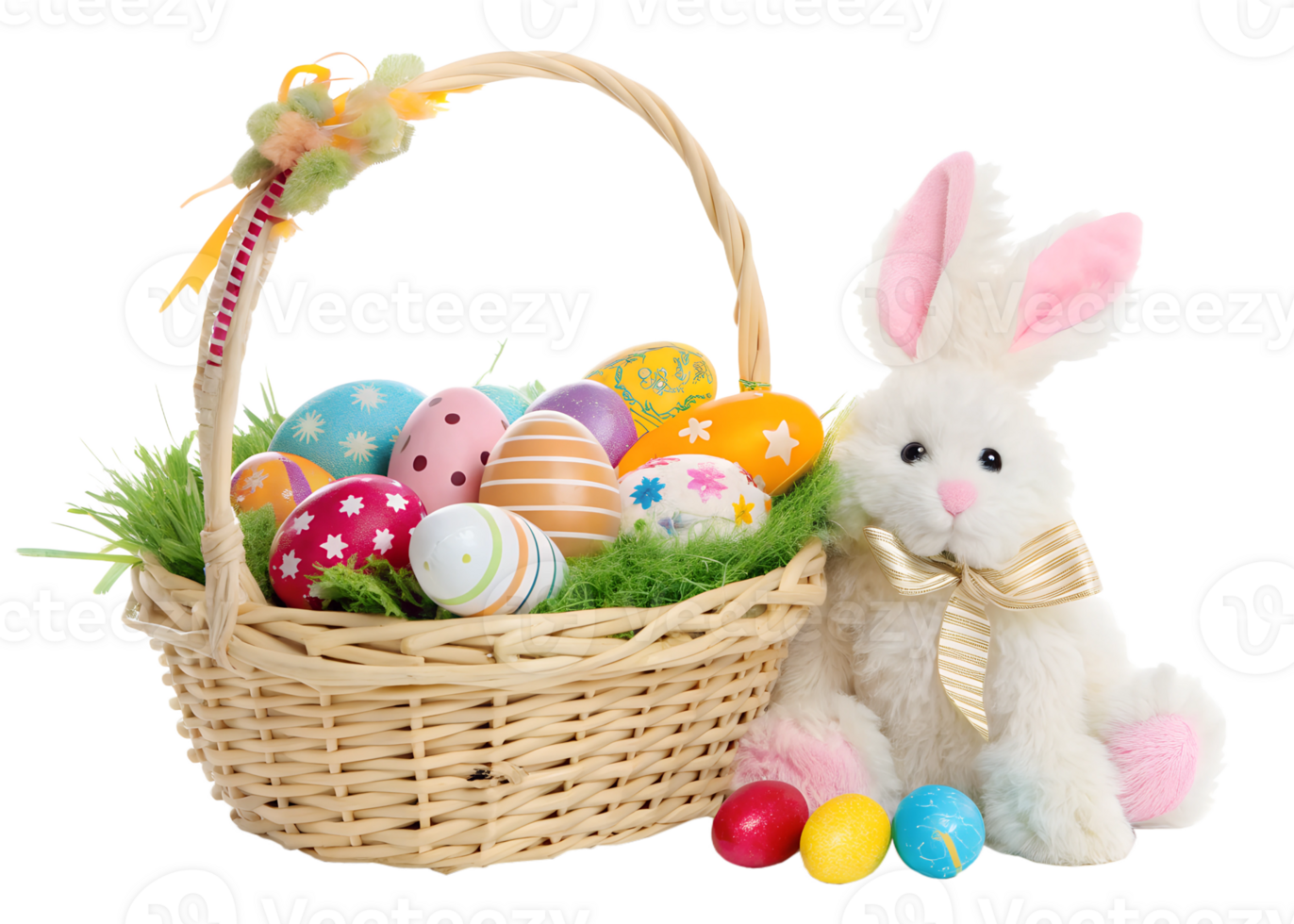Easter eggs and bunny basket display png