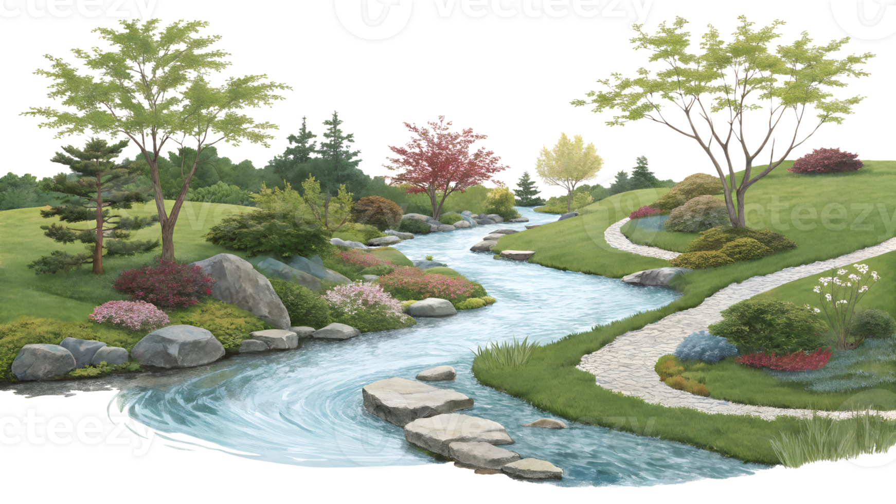 Serene garden with stream and paths png