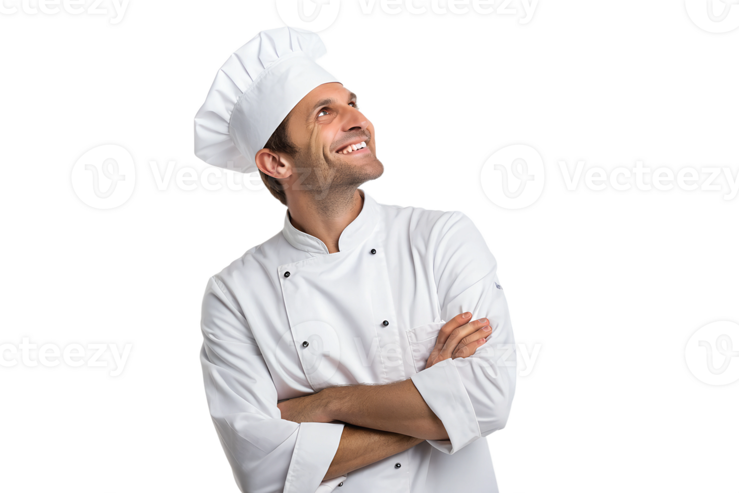 Smiling chef wearing white uniform and hat png