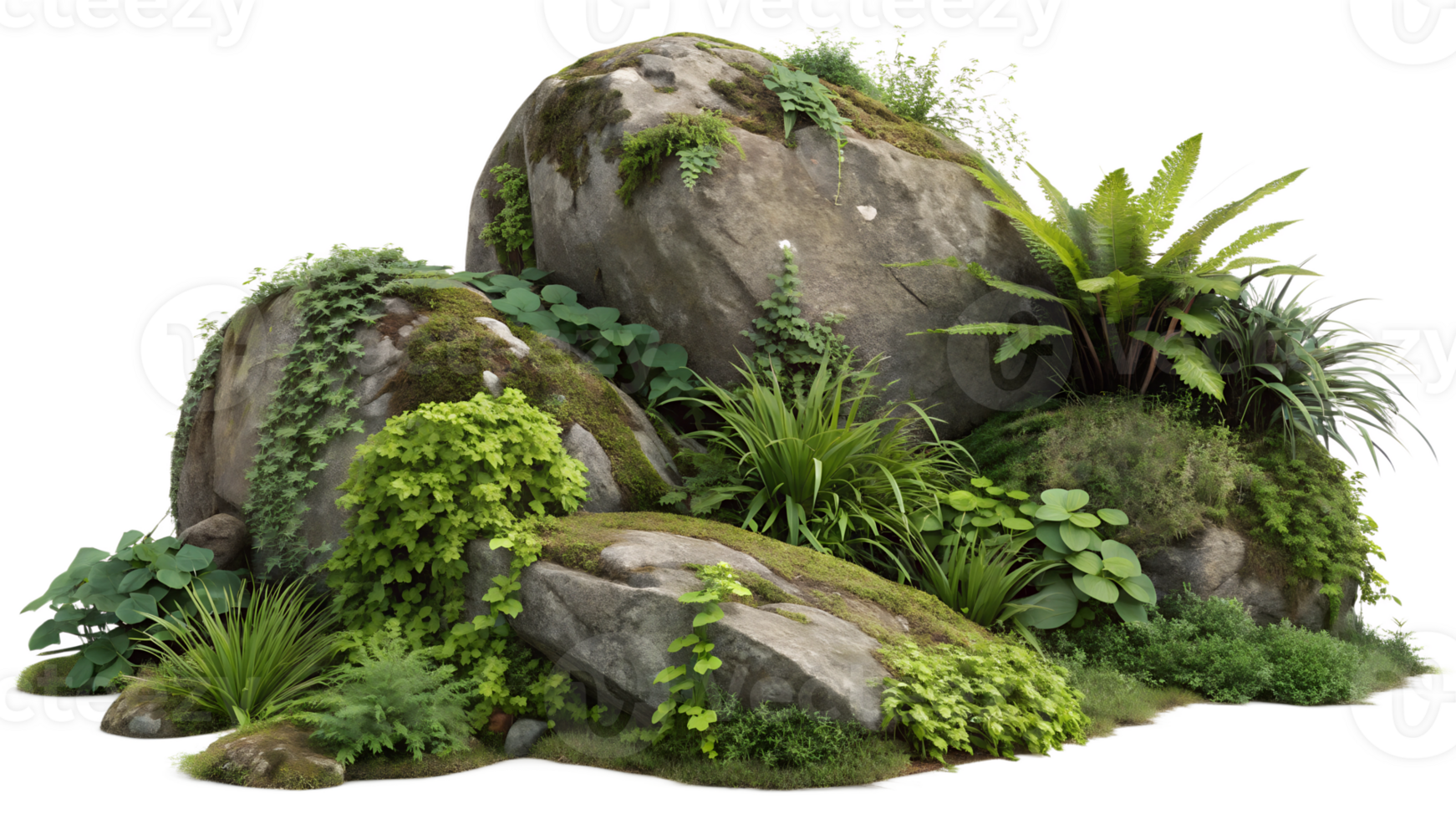 Lush greenery surrounds large natural rocks png