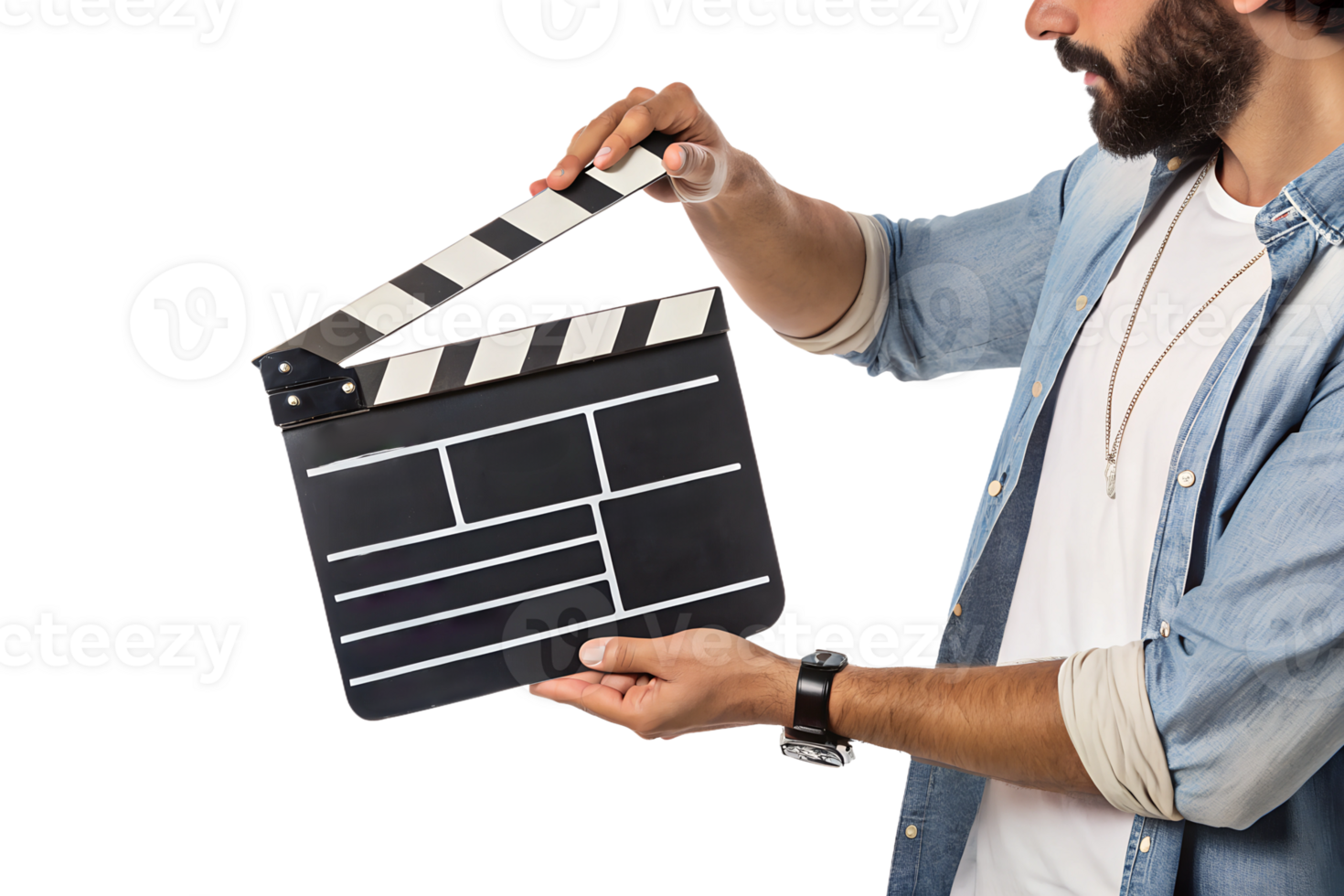 Director preparing for filming with clapperboard png