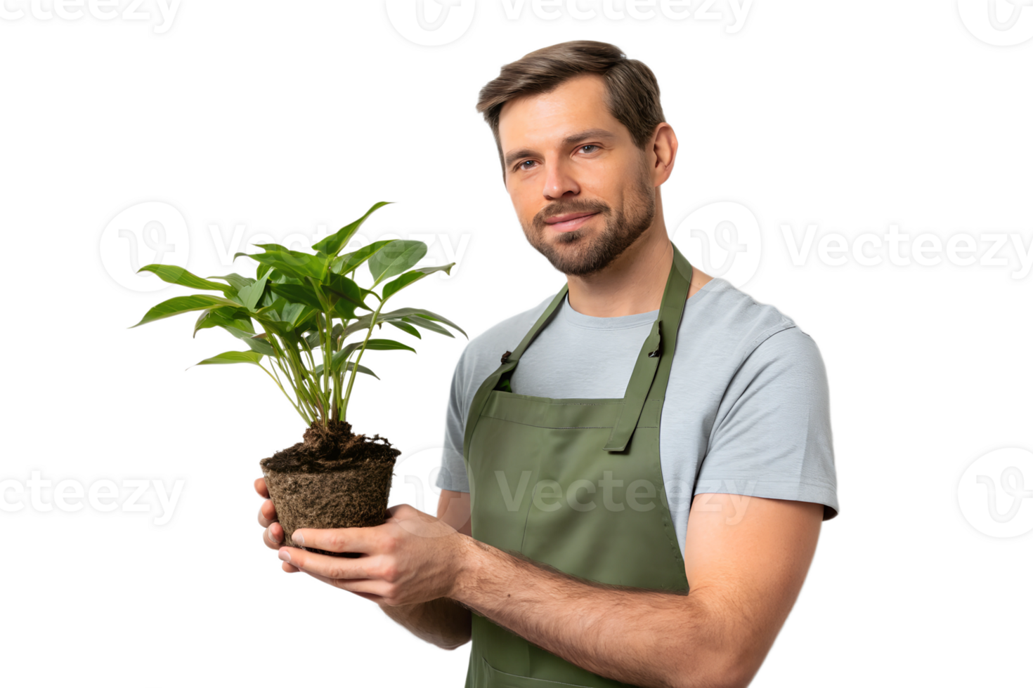 Man holding a potted plant in a garden setting png