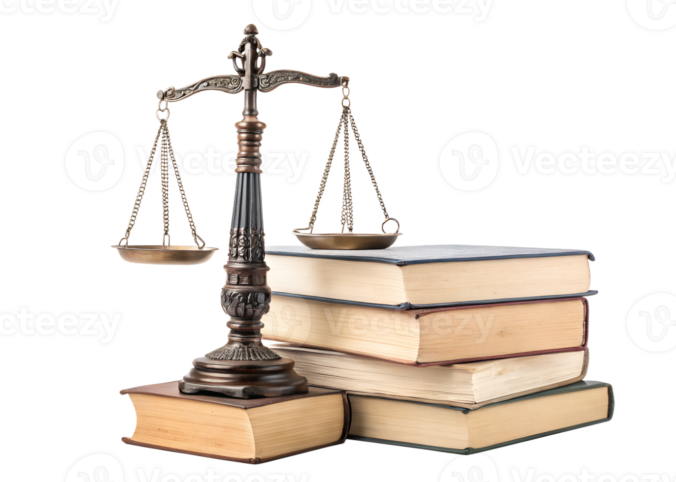 Legal scales positioned next to stacked law books png