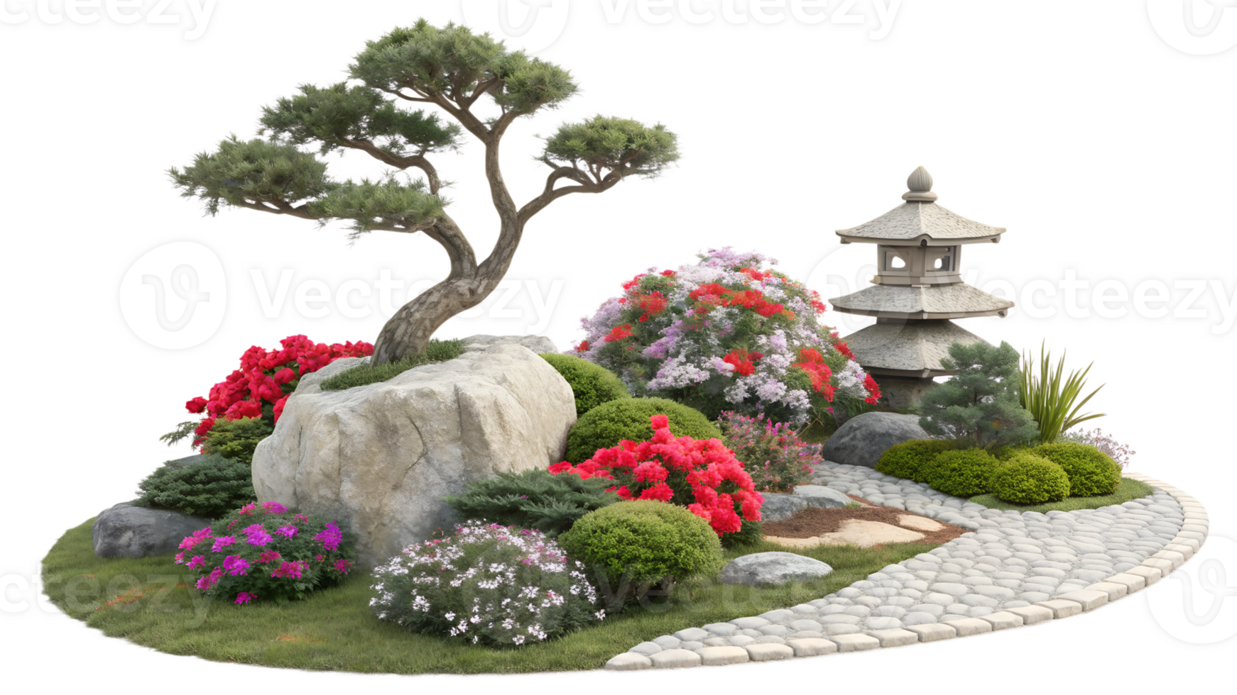 Tranquil Japanese garden with flowers png