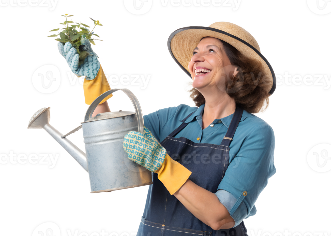 Happy gardener watering plants with joy in spring png