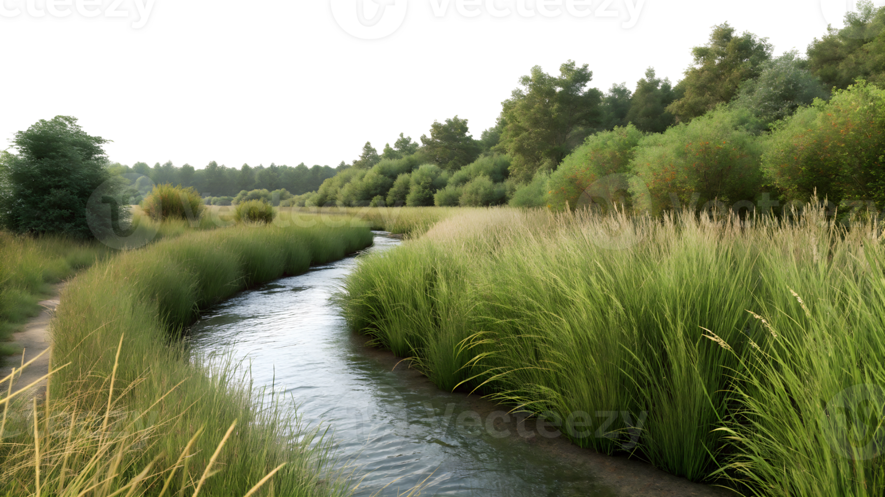 Scenic river winding through lush green grasses png