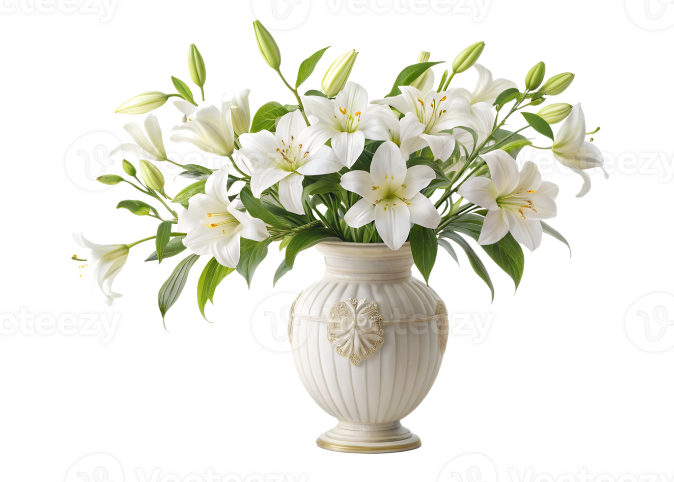 Elegant white lilies arranged in a classic vase png