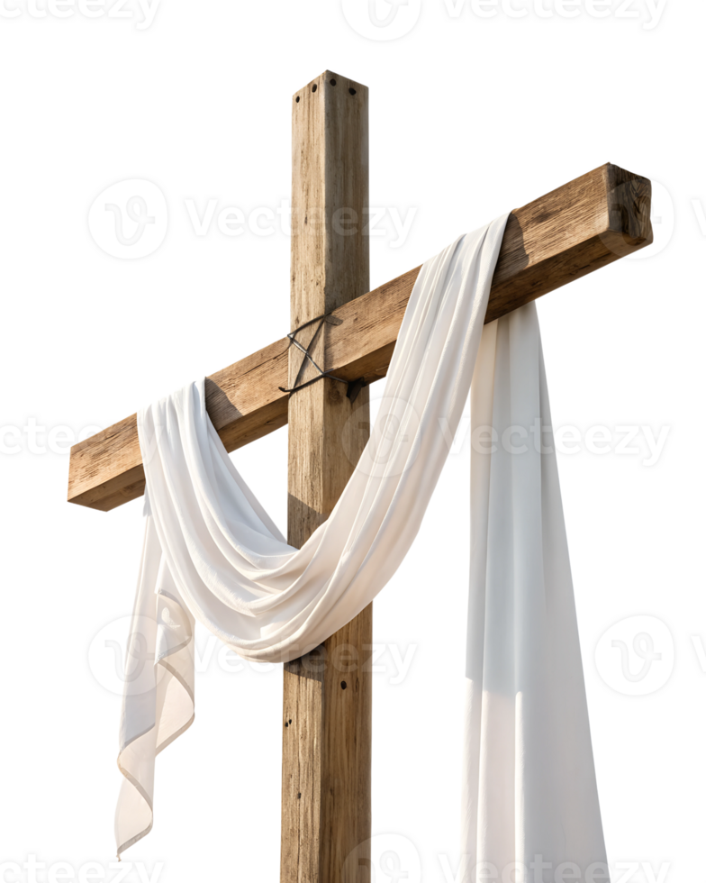 Cross adorned with white fabric on wooden post png