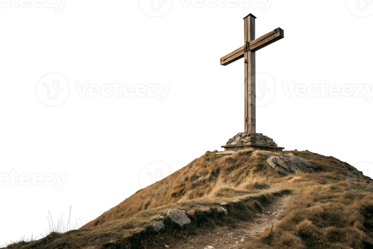 Wooden cross on a hilltop in a serene landscape png